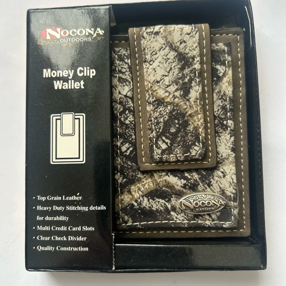 Nocona Men’s Mossy Oak Outdoor Camo Magnetic Money Clip Leather Wallet. NEW